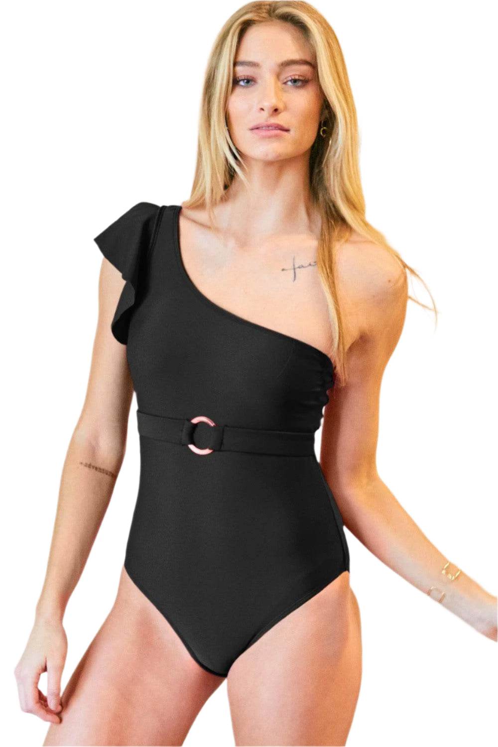 Davi & Dani stylish one piece bathing suit with a ruffle detail and belted waist for a chic look