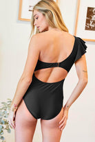Davi & Dani stylish one piece bathing suit in black with ruffle detail and open back design