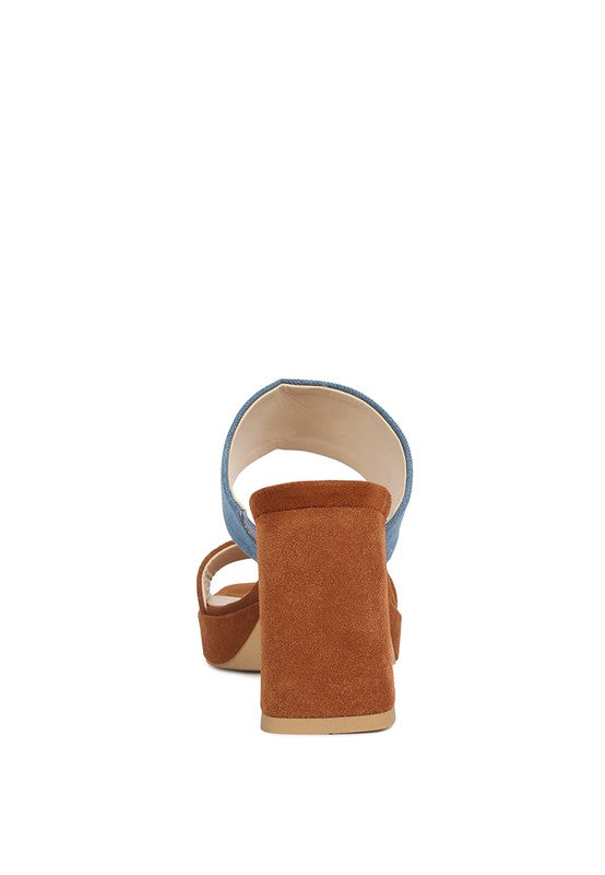 Rag Company women's stylish platform sandals for travel with brown suede block heel and blue straps