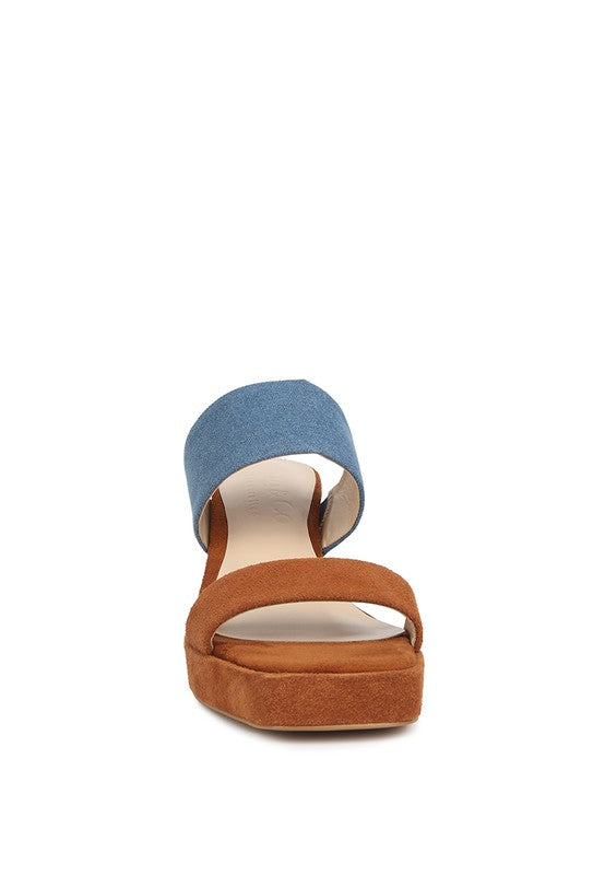 Rag Company women's stylish platform sandals for travel with brown suede platform and blue fabric strap