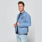 Blue Age stylish plus size denim jackets in light blue worn by a smiling man