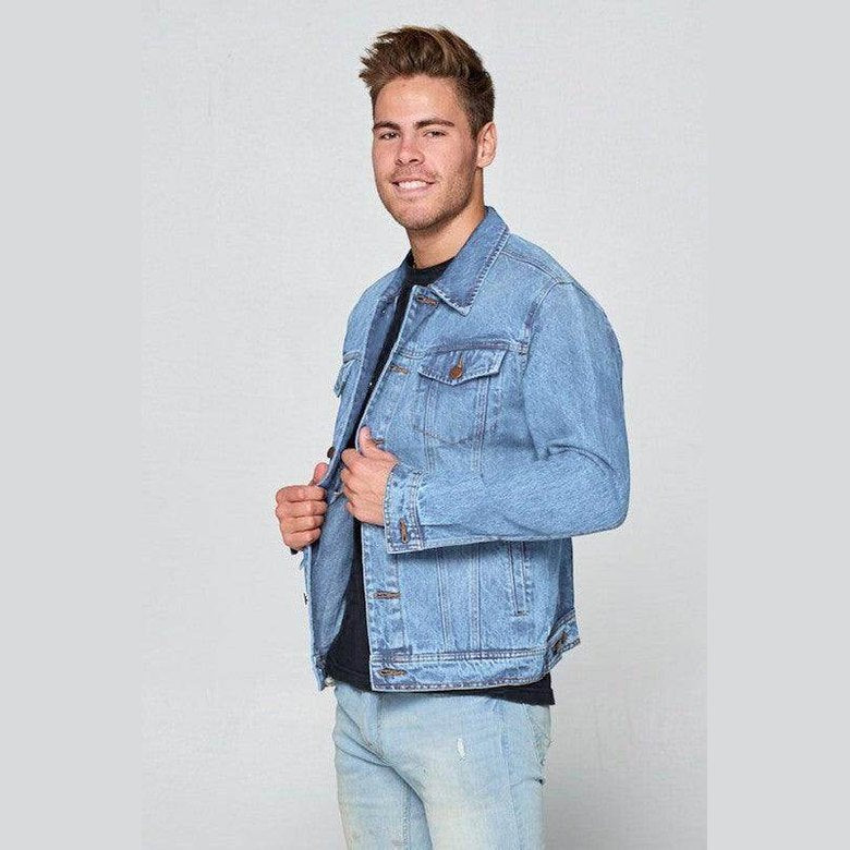 Blue Age stylish plus size denim jackets in light blue worn by a smiling man