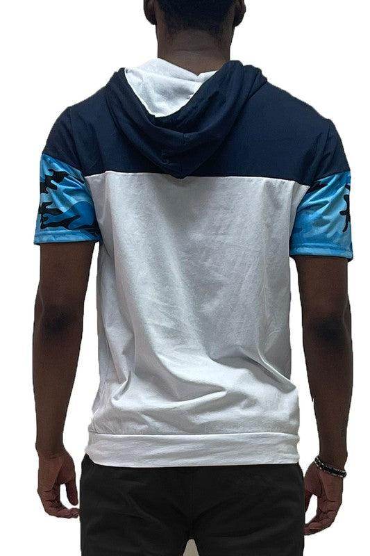Men's WEIV stylish red camo top with a stylish hood and colorful sleeves for a trendy look