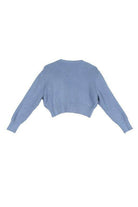 Back view of a stylish ribbed knit ensemble featuring a cropped blue sweater.