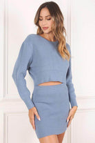Lilou stylish ribbed knit ensemble featuring a cropped sweater and mini skirt in soft blue