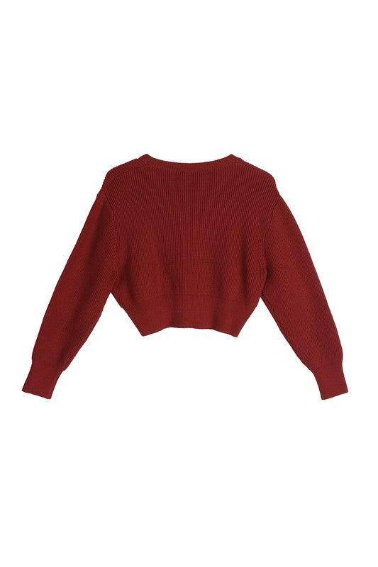 Lilou stylish ribbed knit ensemble featuring a cropped sweater in rich burgundy color