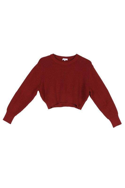Stylish ribbed knit ensemble featuring a cropped red sweater for a fashionable, trendy look