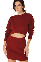 Lilou stylish ribbed knit ensemble featuring a cropped top and matching skirt in deep red