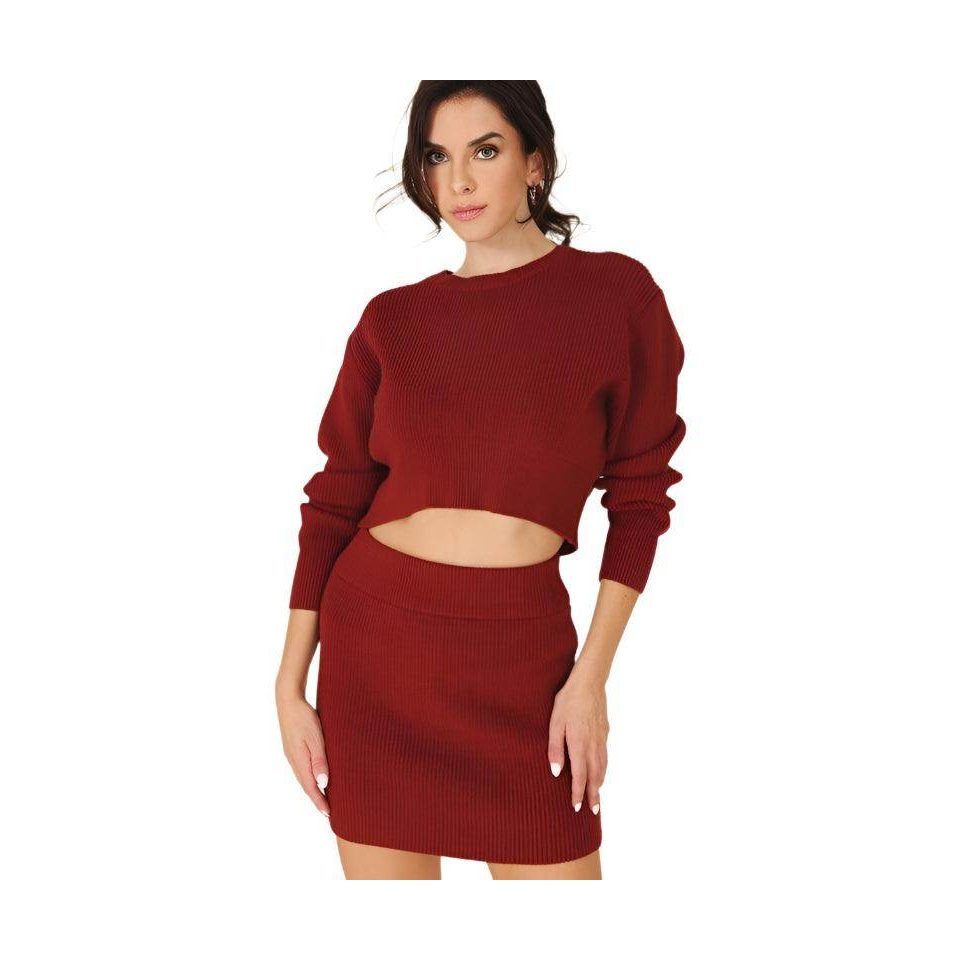 Lilou stylish ribbed knit ensemble featuring a cropped top and matching skirt in deep red