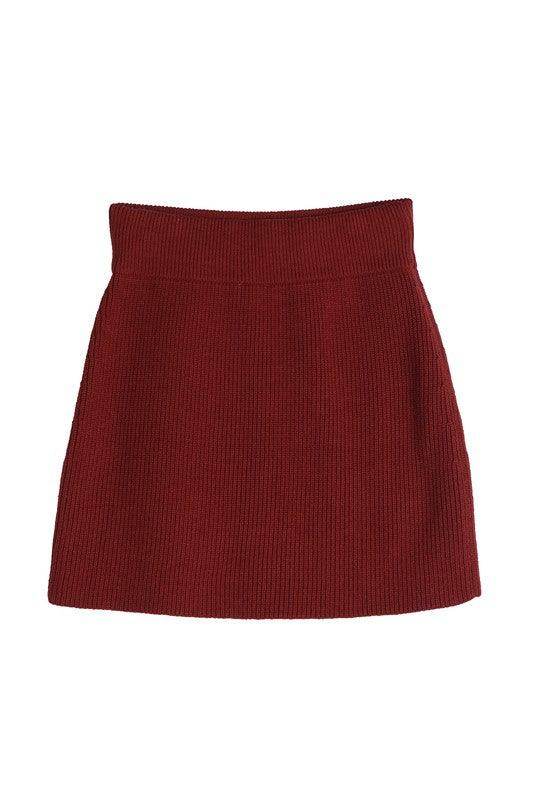Lilou stylish ribbed knit ensemble featuring a chic burgundy ribbed mini skirt for a fashionable look
