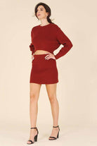 Lilou women's stylish ribbed knit ensemble in red featuring a cropped sweater and matching skirt