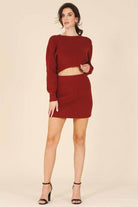 Trendy women's stylish ribbed knit ensemble in burgundy with a cropped top and fitted skirt
