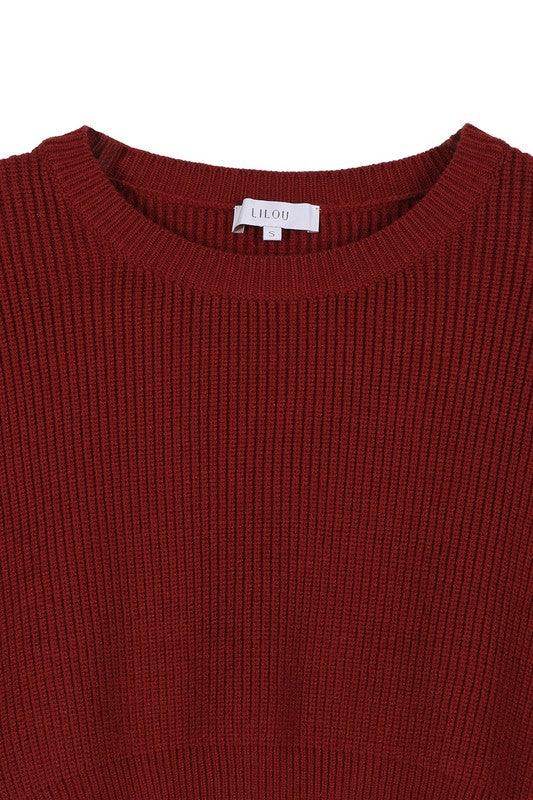 Lilou stylish ribbed knit ensemble featuring a comfortable crew neckline in rich burgundy color