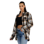 WEIV Women's Stylish Shacket for Travel in Brown and Black Plaid Pattern for Comfortable Style