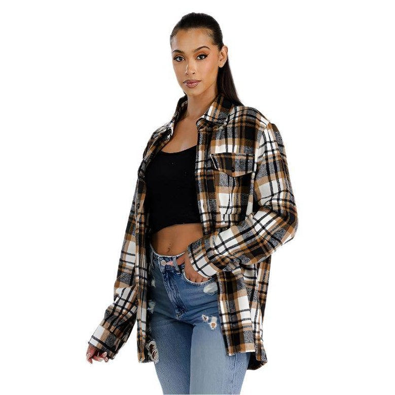 WEIV Women's Stylish Shacket for Travel in Brown and Black Plaid Pattern for Comfortable Style