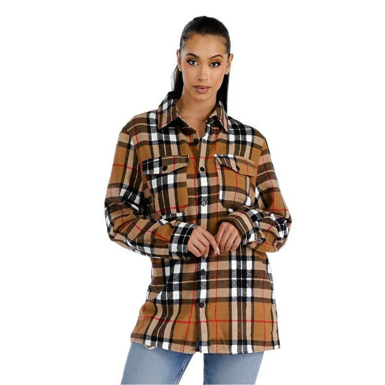 WEIV stylish shacket for travel in brown plaid with pockets and button-up design
