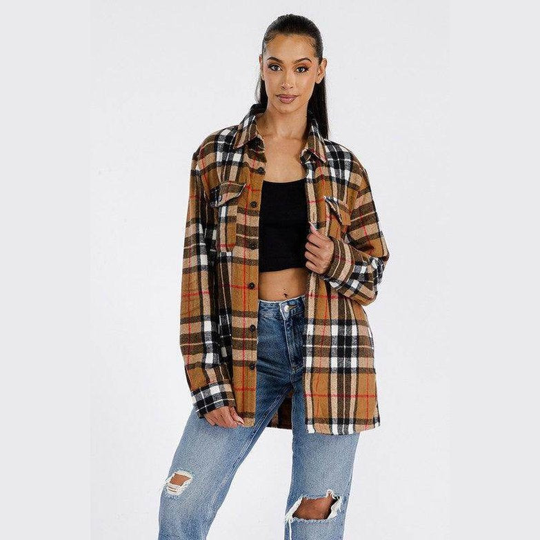 WEIV Stylish shacket for travel in plaid pattern, featuring a relaxed fit and classic button-down design