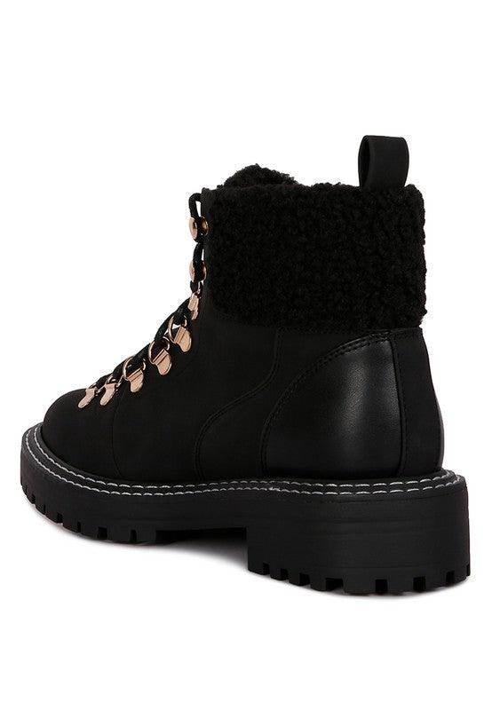 Rag Company stylish shearling collar boots with lace-up design and durable rubber sole