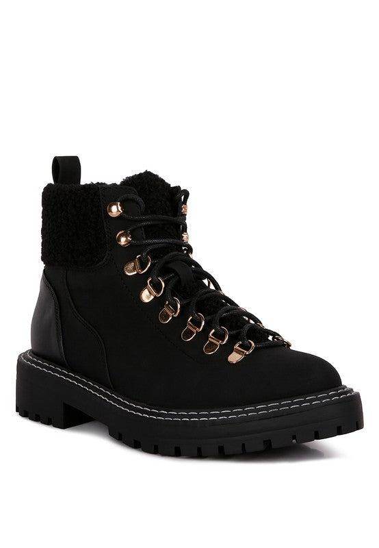 Rag Company stylish shearling collar boots in black with rugged sole and eye-catching laces