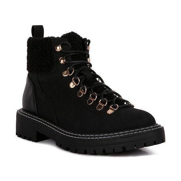 Rag Company stylish shearling collar boots in black with rugged sole and eye-catching laces