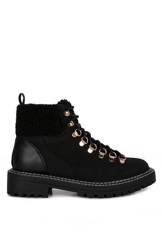 Rag Company stylish shearling collar boots in black with lace-up design and sturdy sole