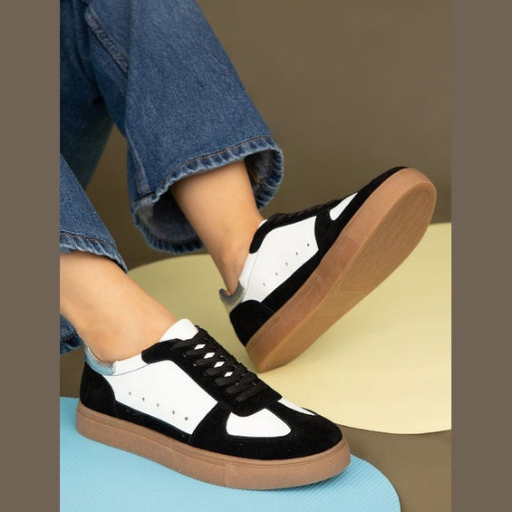 Maker's Shoes women's black and white stylish sneakers for vacations with gum sole and lace-up design
