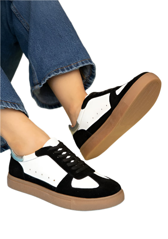 Maker's Shoes women's stylish sneakers for vacations in black white with gum sole and lace-up design
