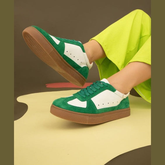 Maker's Shoes women's green and white stylish sneakers for vacations with brown soles