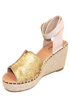 Let's See Style stylish summer espadrille sandals with gold sequin upper and wedge heel