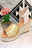 Let's See Style women's stylish summer espadrille sandals with gold sequin upper and woven wedge heel