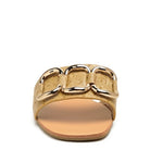 Rag Company stylish summer slides for women with gold chain detail on tan leather strap