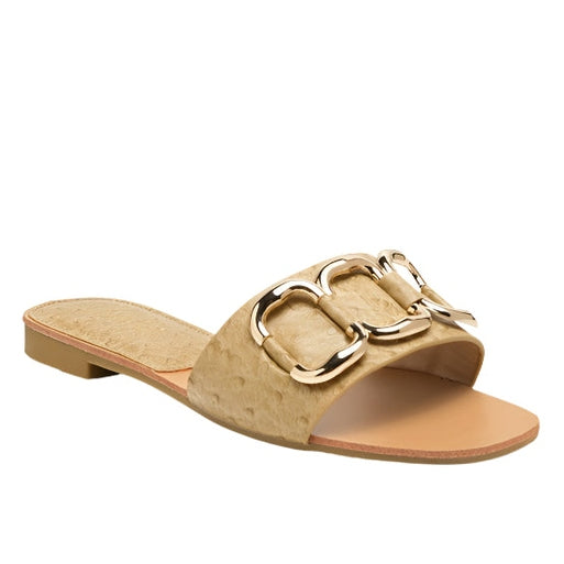 Rag Company beige stylish summer slides for women with gold buckle detail and flat sole