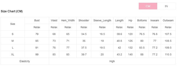 Size chart for stylish summer travel outfit women by YNIQUE showing measurements in centimeters for bust waist hem shoulder sleeve length hip bottoms inseam and outseam