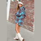 La Miel stylish travel jacket in blue and brown plaid, perfect for casual outings and adventures