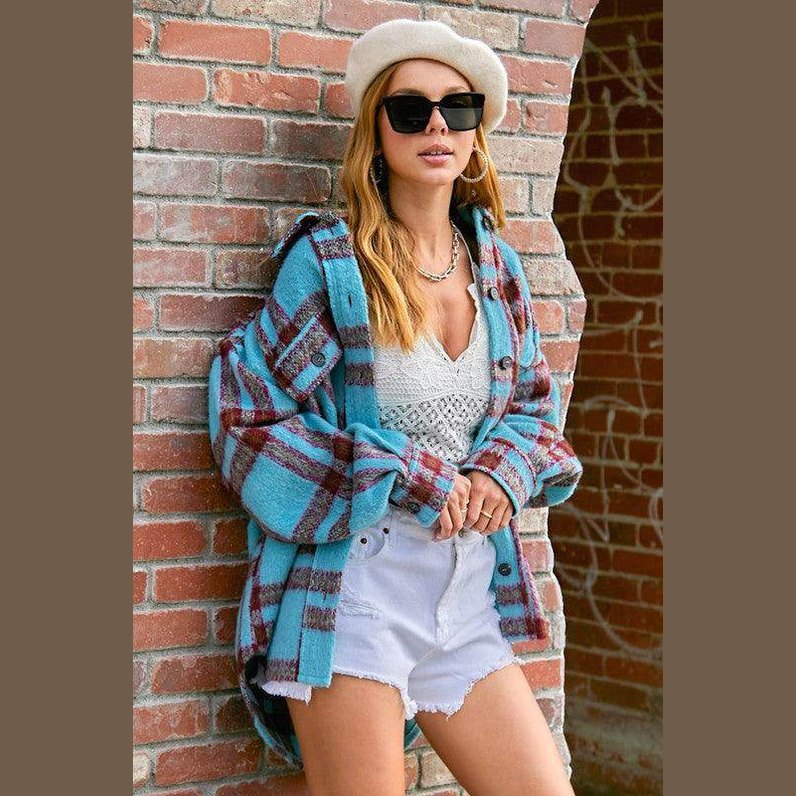 La Miel stylish travel jacket in blue plaid design, perfect for chic outdoor adventures
