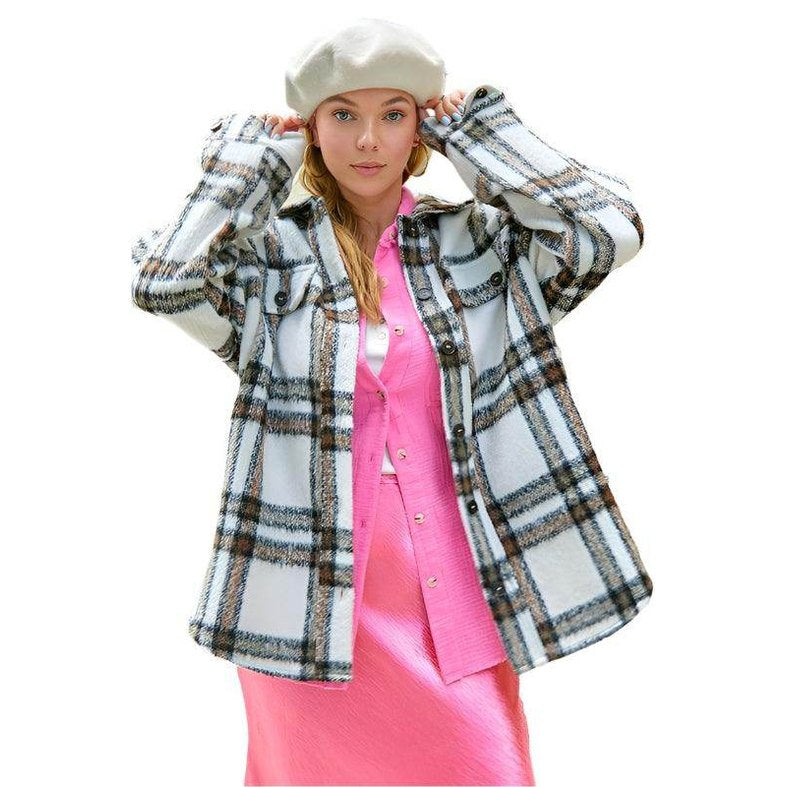 La Miel women's stylish travel jacket in white and brown plaid design, perfect for travel and casual outings.