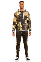 Men's 2PC Track Set from VacationGrabs in stylish black with gold floral design, ideal for a stylish travel outfit.