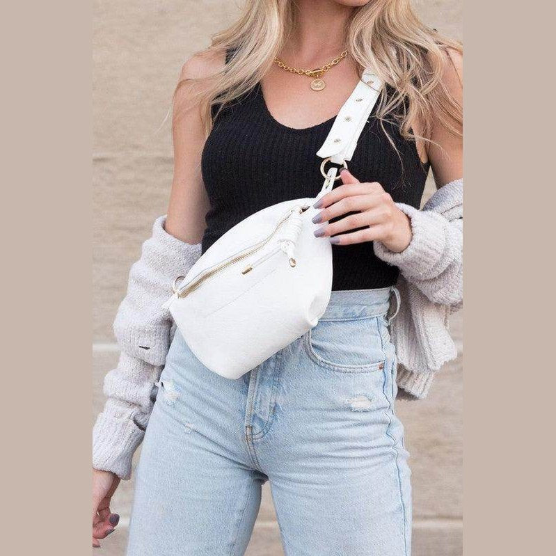 Aili's Corner stylish travel waist pack in white, perfect for hands-free convenience while traveling