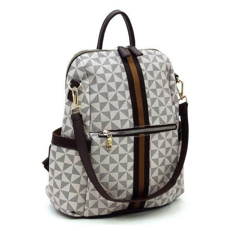 Fashion World stylish vacation backpack with geometric patterns and brown accent straps