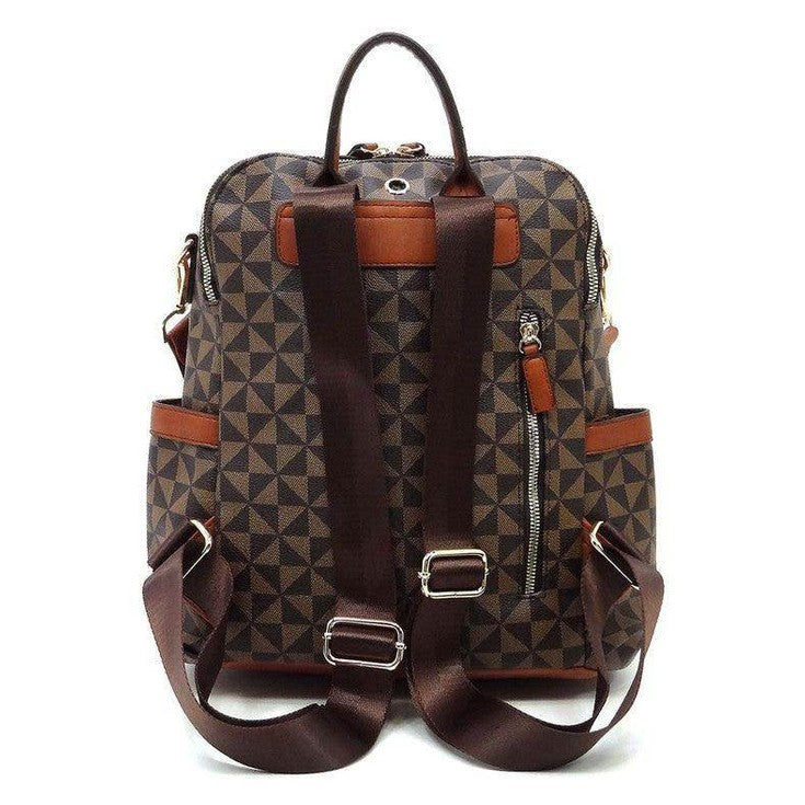 Stylish vacation backpack in geometric pattern with multiple pockets and adjustable straps