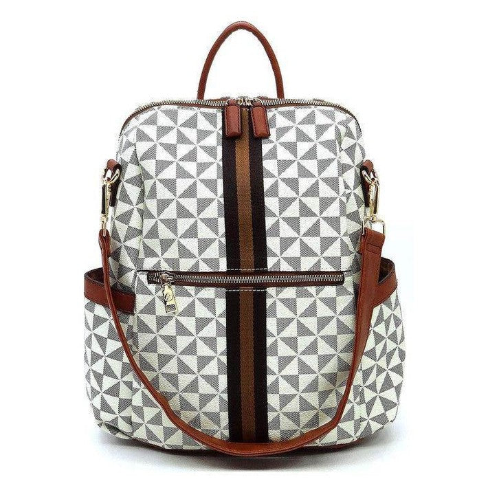 Stylish vacation backpack with geometric patterns and brown leather accents for trendy travel