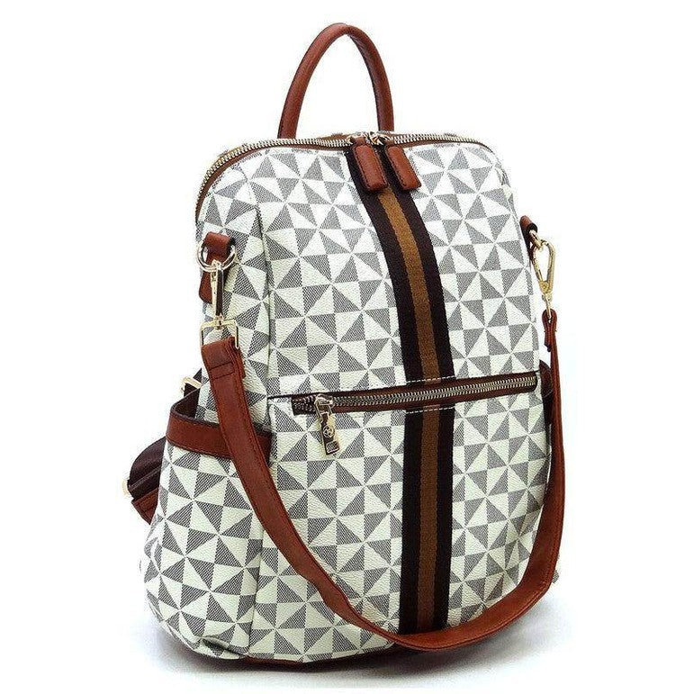 Stylish vacation backpack with geometric pattern and dual brown leather straps for trendy travel