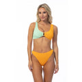 Stylish vacation bikini set by Beach Joy Bikini with a green and orange color block design for women