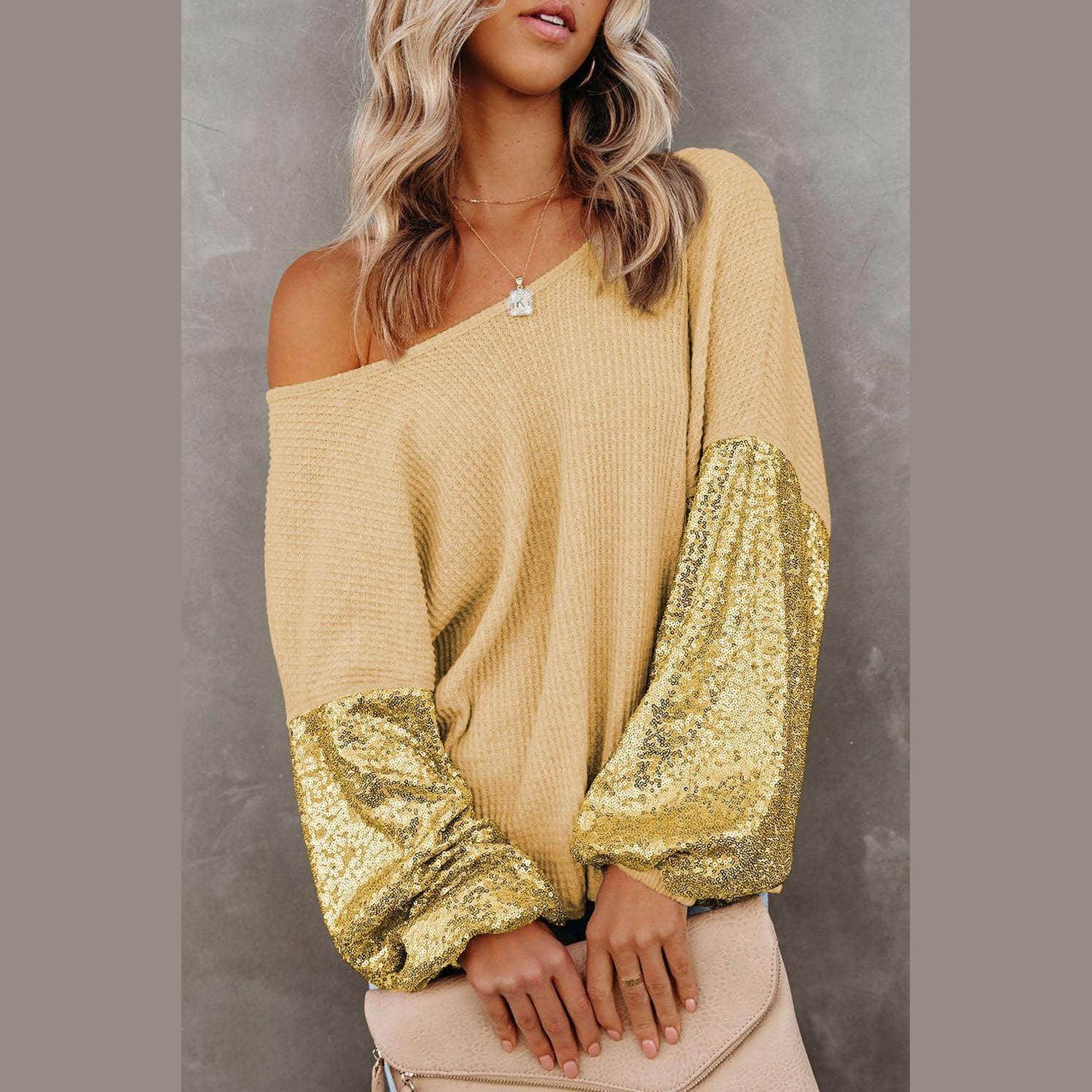 Trendsi stylish vacation blouse in beige with golden sequin sleeves for a chic summer look