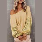 Trendsi stylish vacation blouse in soft yellow with gold sequin sleeves for a chic look