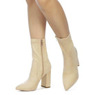 Rag Company stylish vacation boots in beige with a high block heel and zip closure for chic summer looks