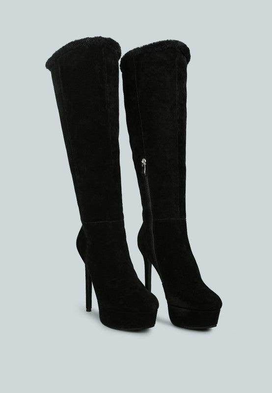 Rag Company stylish vacation boots in black suede with high heels and fur trim for chic travel looks
