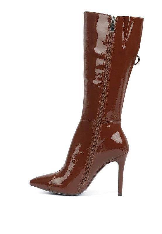 Rag Company stylish vacation boots in glossy brown with pointed toe and high heels