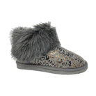 Stylish vacation boots for women with grey leopard print and plush fur collar for comfort