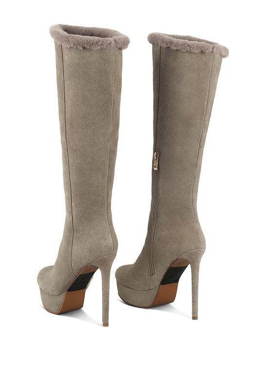 Rag Company stylish vacation boots in gray with high heel and fur-lined cuffs for a chic look